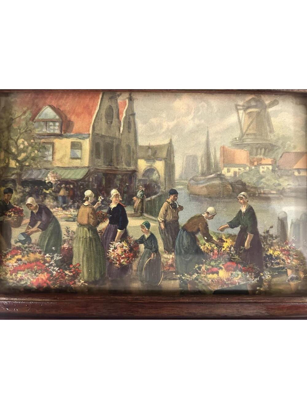Vintage Jewelry Box Dutch Flower Market Scene Glass Lid Wood Jewelry Box Storage